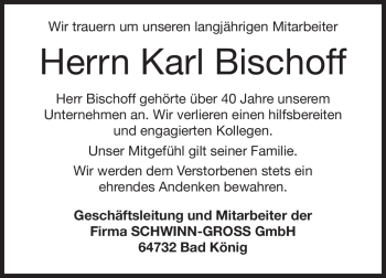 Traueranzeige von Karl Bischoff von Odenwälder Echo