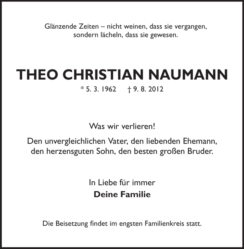  Traueranzeige für Theo Christian Naumann vom 18.08.2012 aus Echo-Zeitungen (Gesamtausgabe)