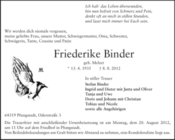 Traueranzeige von Friederike Binder von Echo-Zeitungen (Gesamtausgabe)