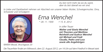 Traueranzeige von Erna Wenchel von Echo-Zeitungen (Gesamtausgabe)