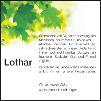 Traueranzeige von Lothar  von Darmstädter Echo, Odenwälder Echo, Rüsselsheimer Echo, Groß-Gerauer-Echo, Ried Echo
