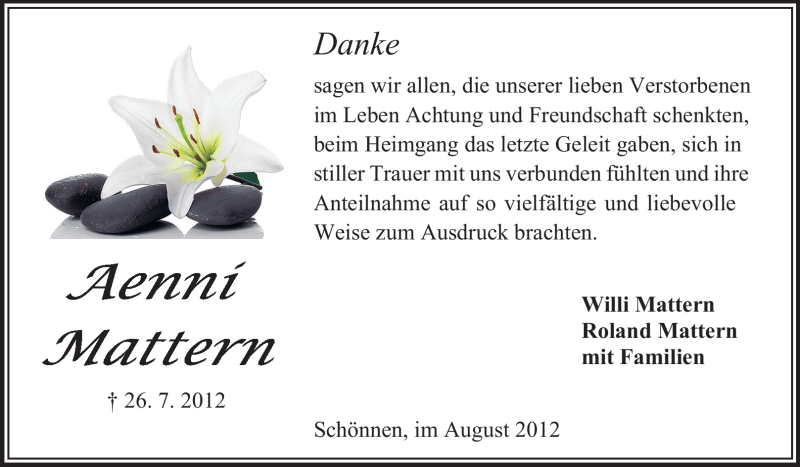  Traueranzeige für Aenni Mattern vom 18.08.2012 aus Odenwälder Echo