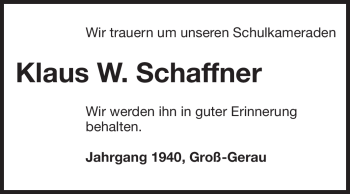 Traueranzeige von Klaus Schaffner von Rüsselsheimer Echo, Groß-Gerauer-Echo, Ried Echo