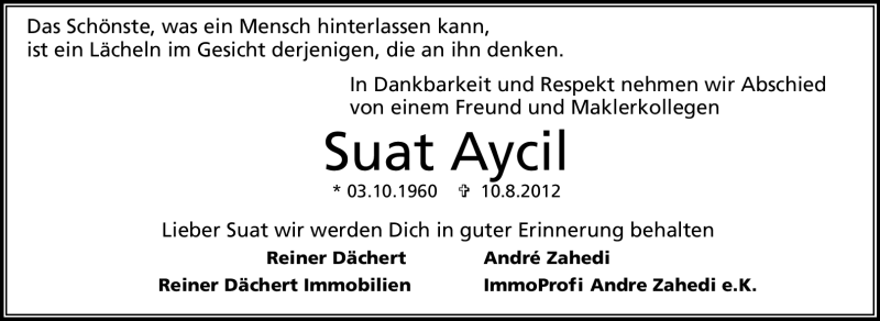  Traueranzeige für Suat Aycil vom 20.09.2012 aus Darmstädter Echo