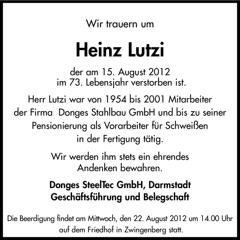  Traueranzeige für Heinz Lutzi vom 18.08.2012 aus Echo-Zeitungen (Gesamtausgabe)