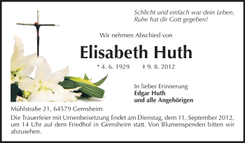 Traueranzeige von Elisabeth Huth von Rüsselsheimer Echo, Groß-Gerauer-Echo, Ried Echo