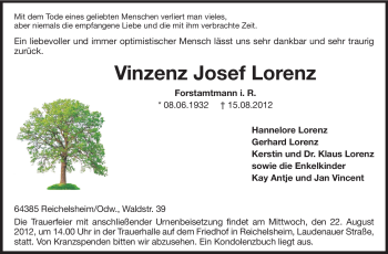 Traueranzeige von Vinzenz Josef Lorenz von Odenwälder Echo