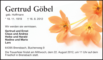 Traueranzeige von Gertrud Göbel von Echo-Zeitungen (Gesamtausgabe)