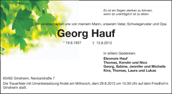 Traueranzeige von Georg Hauf von Rüsselsheimer Echo, Groß-Gerauer-Echo, Ried Echo