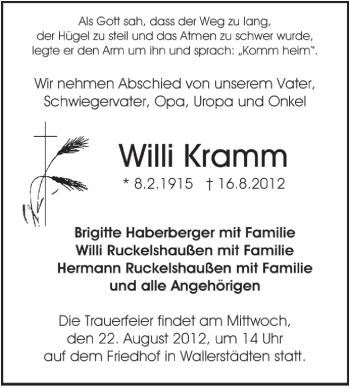 Traueranzeige von Willi Kramm von Rüsselsheimer Echo, Groß-Gerauer-Echo, Ried Echo