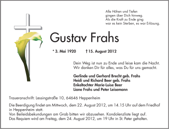Traueranzeige von Gustav Frahs von Starkenburger Echo