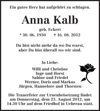 Traueranzeige von Anna Kalb von Darmstädter Echo, Odenwälder Echo, Rüsselsheimer Echo, Groß-Gerauer-Echo, Ried Echo