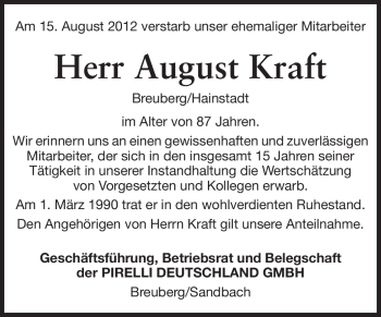 Traueranzeige von August Kraft von Odenwälder Echo