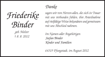 Traueranzeige von Friederike Binder von Echo-Zeitungen (Gesamtausgabe)