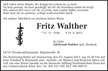 Traueranzeige von Fritz Walther von Odenwälder Echo