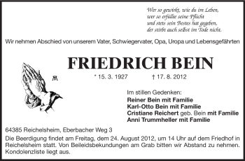 Traueranzeige von Friedrich Bein von Odenwälder Echo