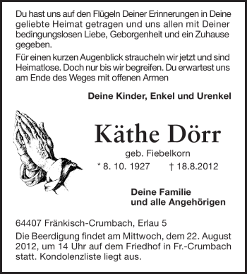 Traueranzeige von Käthe Dörr von Echo-Zeitungen (Gesamtausgabe)