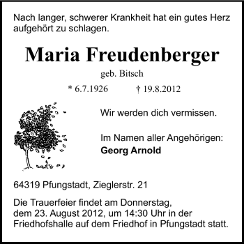 Traueranzeige von Maria Freudenberger von Echo-Zeitungen (Gesamtausgabe)
