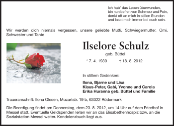 Traueranzeige von Ilselore Schulz von Echo-Zeitungen (Gesamtausgabe)