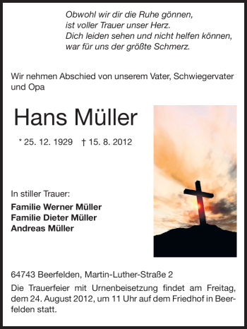 Traueranzeige von Hans Müller von Odenwälder Echo