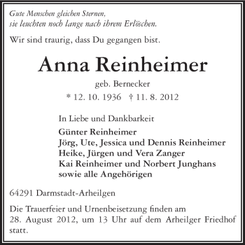 Traueranzeige von Anna Reinheimer von Echo-Zeitungen (Gesamtausgabe)