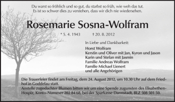 Traueranzeige von Rosemarie Sosna-Wolfram von Echo-Zeitungen (Gesamtausgabe)