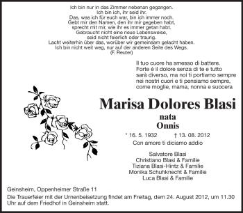 Traueranzeige von Marisa Dolores Blasi von Rüsselsheimer Echo, Groß-Gerauer-Echo, Ried Echo