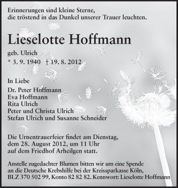 Traueranzeige von Lieselotte Hoffmann von Darmstädter Echo, Odenwälder Echo, Rüsselsheimer Echo, Groß-Gerauer-Echo, Ried Echo