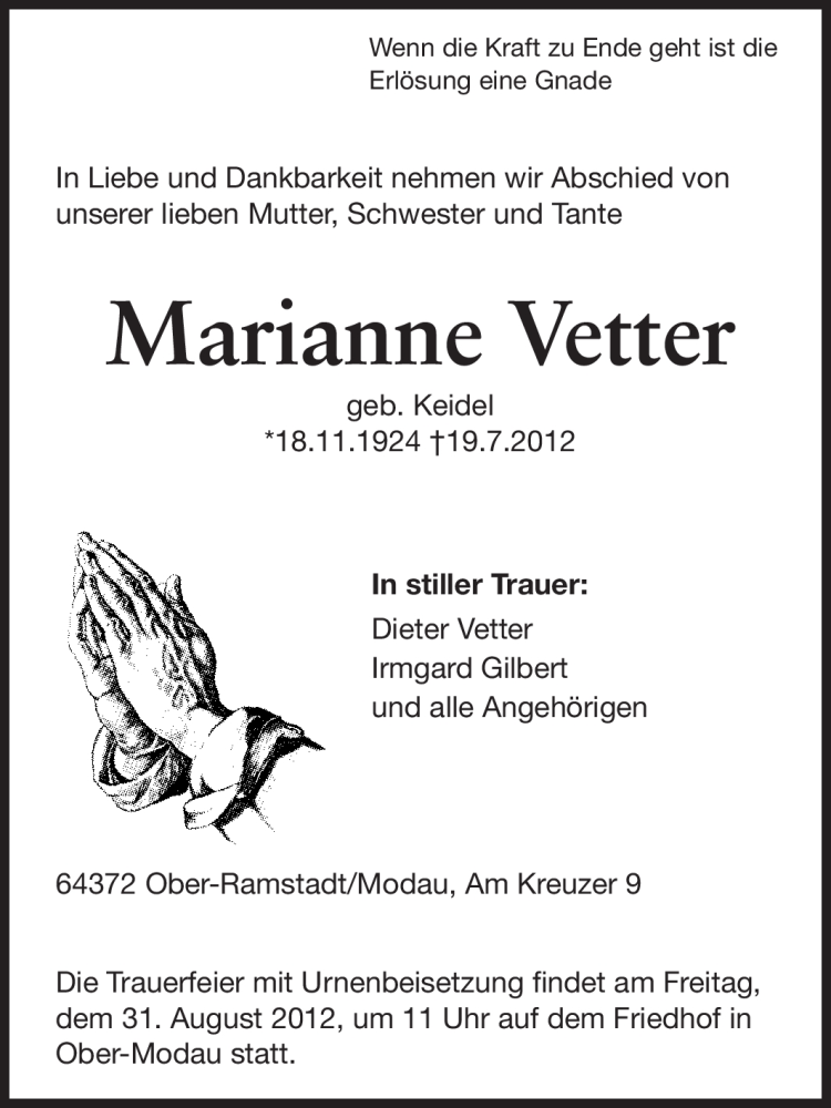  Traueranzeige für Marianne Vetter vom 22.08.2012 aus Echo-Zeitungen (Gesamtausgabe)