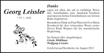 Traueranzeige von Georg Leissler von Rüsselsheimer Echo, Groß-Gerauer-Echo, Ried Echo