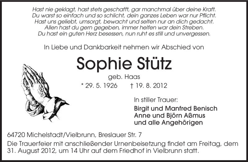  Traueranzeige für Sophie Stütz vom 25.08.2012 aus Odenwälder Echo