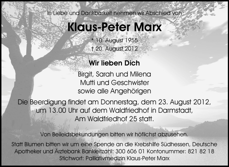  Traueranzeige für Klaus-Peter Marx vom 22.08.2012 aus Echo-Zeitungen (Gesamtausgabe)