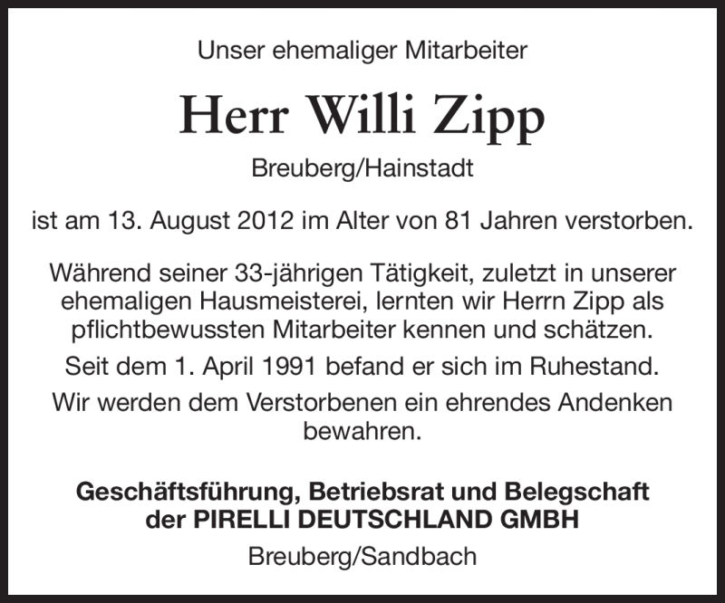  Traueranzeige für Willi Zipp vom 22.08.2012 aus Odenwälder Echo