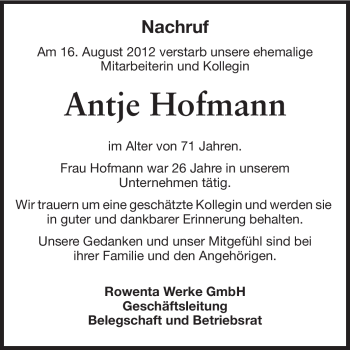 Traueranzeige von Antje Hofmann von Odenwälder Echo