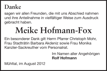 Traueranzeige von Meike Hofmann-Fox von Darmstädter Echo, Odenwälder Echo, Rüsselsheimer Echo, Groß-Gerauer-Echo, Ried Echo