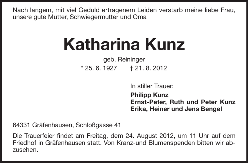  Traueranzeige für Katharina Kunz vom 22.08.2012 aus Echo-Zeitungen (Gesamtausgabe)