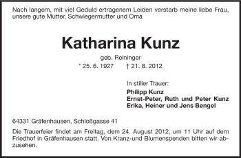 Traueranzeige von Katharina Kunz von Echo-Zeitungen (Gesamtausgabe)