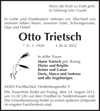 Traueranzeige von Otto Trietsch von Echo-Zeitungen (Gesamtausgabe)