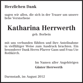 Traueranzeige von Katharina Herrwerth von Darmstädter Echo, Odenwälder Echo, Rüsselsheimer Echo, Groß-Gerauer-Echo, Ried Echo