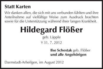 Traueranzeige von Hildegard Flößer von Echo-Zeitungen (Gesamtausgabe)