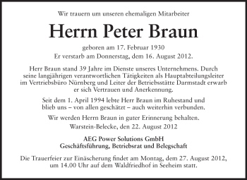 Traueranzeige von Peter Braun  von Echo-Zeitungen (Gesamtausgabe)