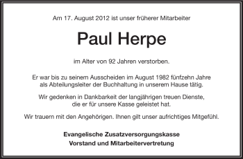 Traueranzeige von Paul Herpe von Starkenburger Echo, Bergsträßer Anzeiger