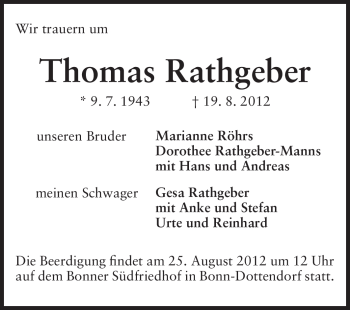 Traueranzeige von Thomas Rathgeber von Echo-Zeitungen (Gesamtausgabe)