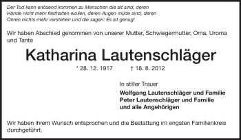 Traueranzeige von Katharina Lautenschläger von Darmstädter Echo, Odenwälder Echo, Rüsselsheimer Echo, Groß-Gerauer-Echo, Ried Echo
