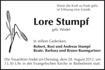 Traueranzeige von Lore Stumpf von Rüsselsheimer Echo, Groß-Gerauer-Echo, Ried Echo