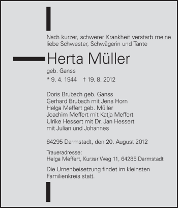 Traueranzeige von Herta Müller von Darmstädter Echo, Odenwälder Echo, Rüsselsheimer Echo, Groß-Gerauer-Echo, Ried Echo