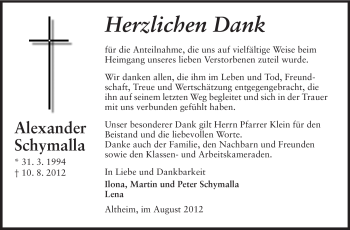 Traueranzeige von Alexander Schymalla von Echo-Zeitungen (Gesamtausgabe)