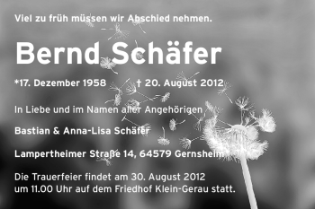 Traueranzeige von Bernd Schäfer von Rüsselsheimer Echo, Groß-Gerauer-Echo, Ried Echo