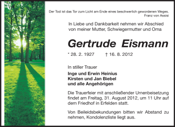 Traueranzeige von Gertrude Eismann von Rüsselsheimer Echo, Groß-Gerauer-Echo, Ried Echo