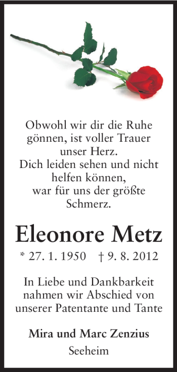 Traueranzeige von Eleonore Metz von Echo-Zeitungen (Gesamtausgabe)